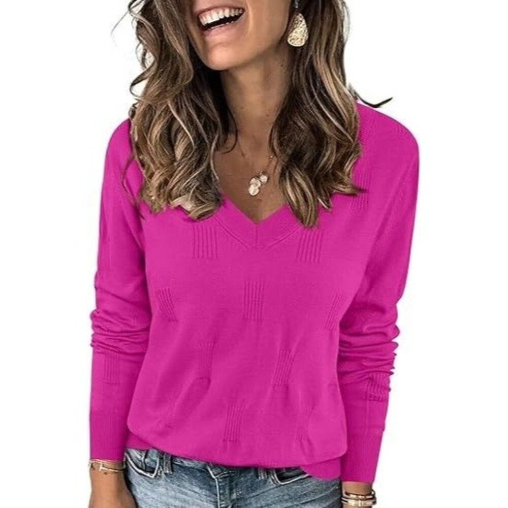 Yincro Women's V Neck Sweater SMALL Hot Pink Long Sleeve Soft Knit Pullover Top